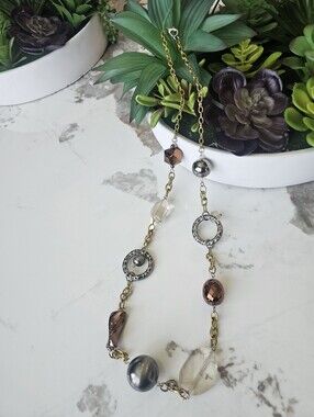 Elegant Mixed-Bead Gold Chain Necklace - Brown & Gray
